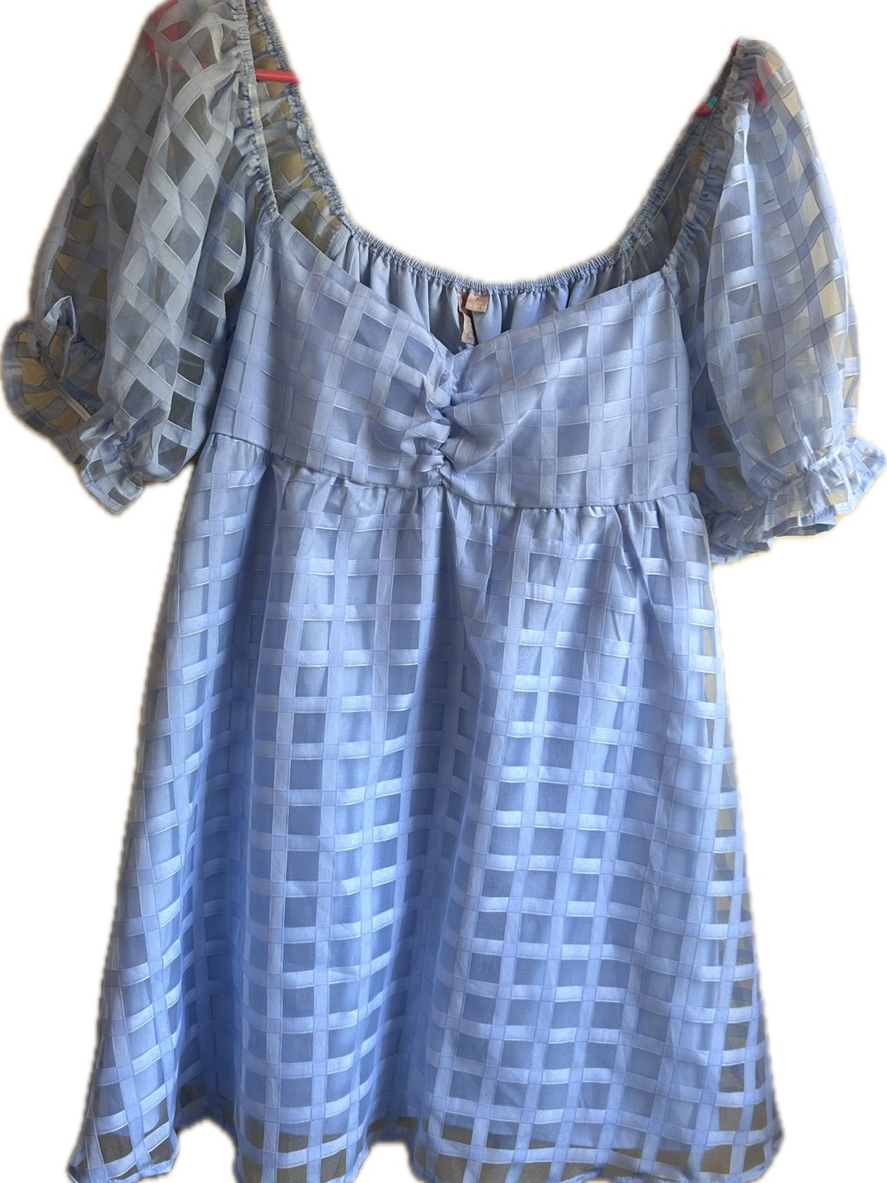 Evolutionary Apparel Size Large Light Blue Gingham Grid Puff Sleeve Mini Dress
